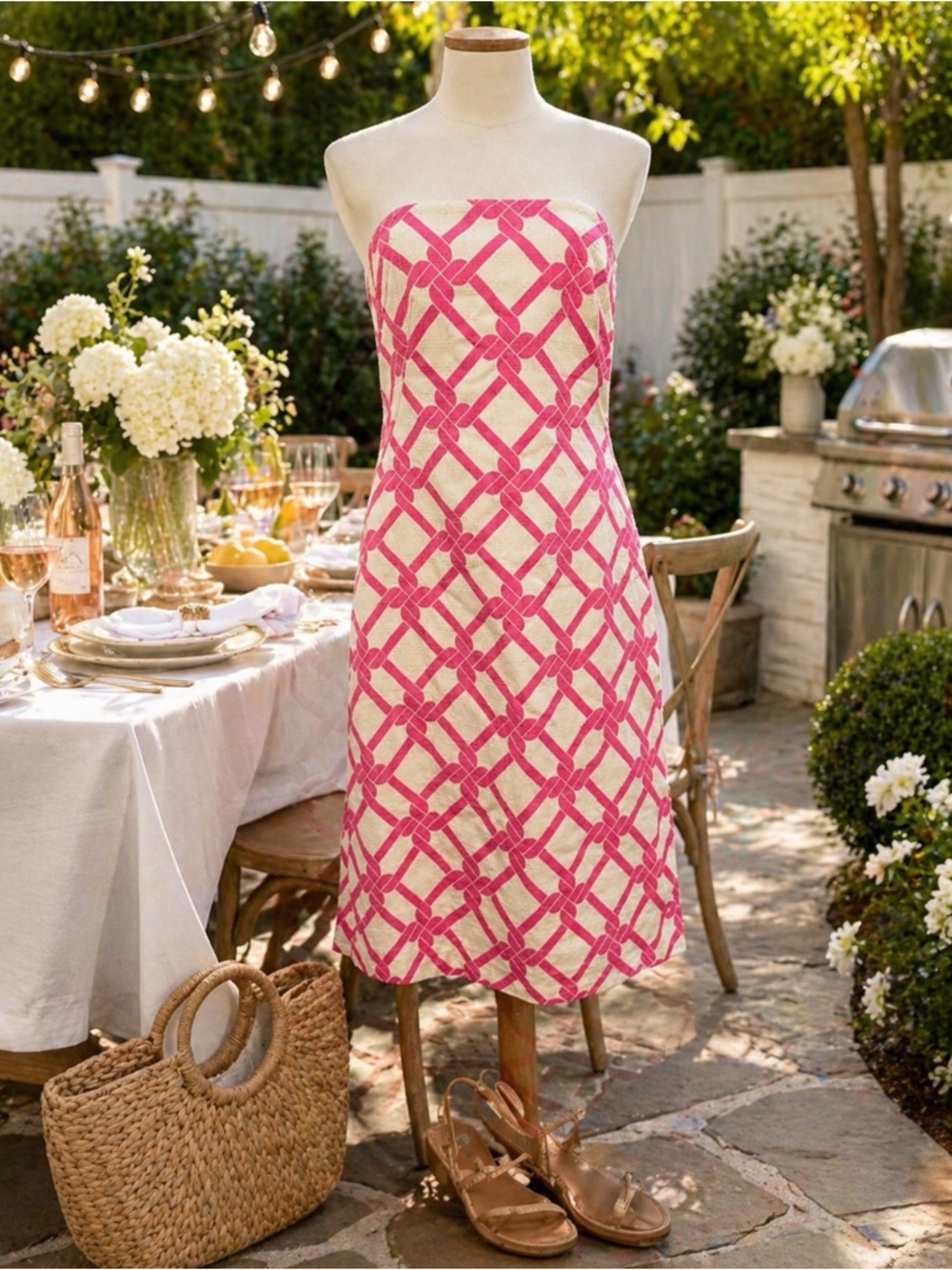 Milly of New York Pink and Cream Strapless Printed Dress size 6